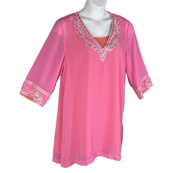 Bob Mackie NWT L Pink Embroidered Chiffon Tunic Embellished Top 3/4 Sleeve Artsy - Picture 8 of 16
